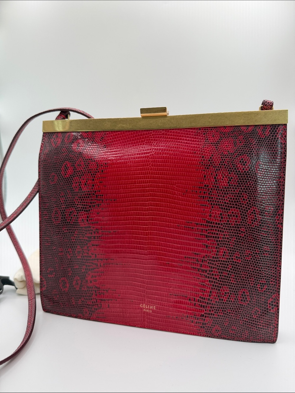 Celine Red Lizard-Embossed Crossbody with Gold Trim from Phoebe Philo